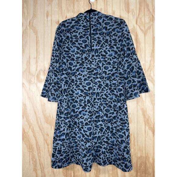 Tyler Boe Blue Black Grey Animal Print Dress Bell Sleeve Flare Size Large A-Line - Picture 6 of 10